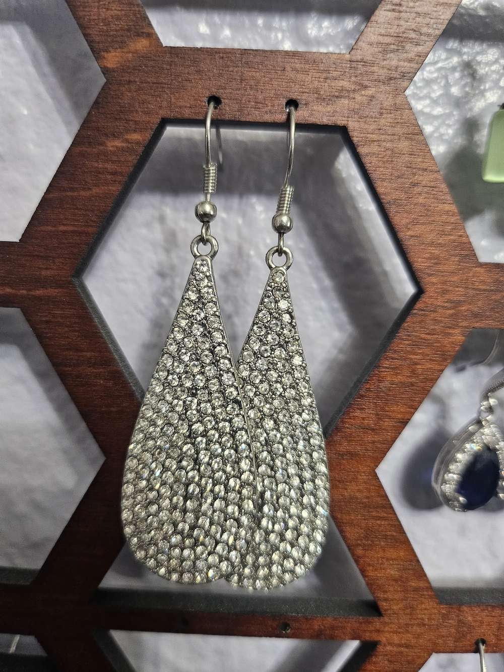 Silver Crystal Teardrop Dangle Earrings - (Brand)